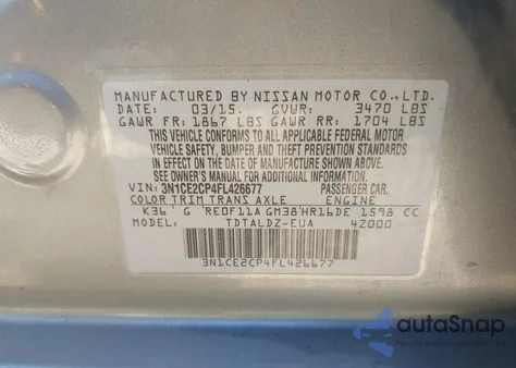 2015 Nissan Versa Note S (Sr)/S Plus/Sl/Sr/Sv from USA, damaged, VIN 3N1CE2CP4FL426677